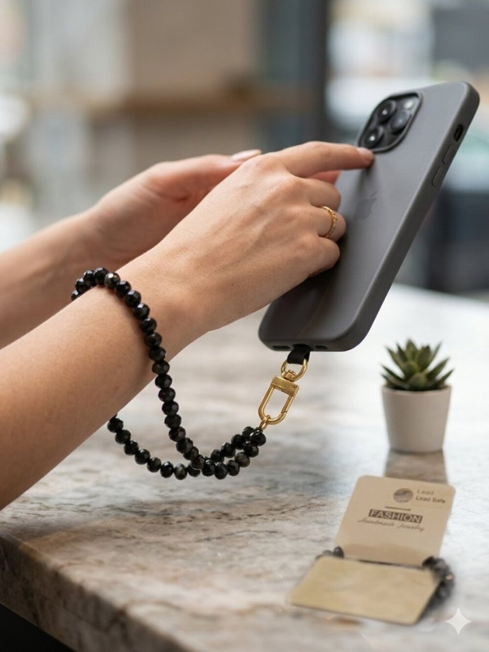 Beaded Phone Wrist Strap Obsidian Gemstone Lanyard Keychain